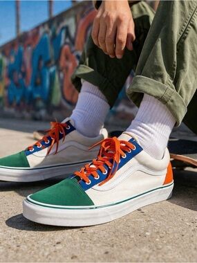 Vans Old Skool Custom Colorblock Sneakers Blue Green Orange White Men’s 14